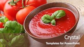  Presentation with tom yum kung traditional food - Audience pleasing theme consisting of traditional tomato soup with basil backdrop and a tawny brown colored foreground