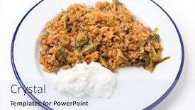  Presentation with mediterranean food - Presentation theme enhanced with traditional turkish and east mediterranean home-cooked minced beef and spinach kymali ispanak a popular comfort food background and a sky blue colored foreground