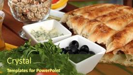  Presentation with turkish - Slide deck having traditional turkish breakfast on table close up background and a tawny brown colored foreground