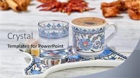  Presentation with turkish - Amazing slide set having traditional-turkish-coffee-served backdrop and a light blue colored foreground