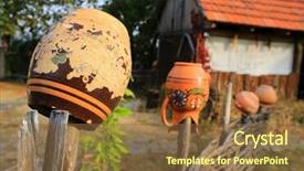  Presentation with clay - PPT theme consisting of traditional ukrainian clay jugs on wooden fence background and a tawny brown colored foreground