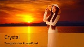  Presentation with vietnam - PPT layouts enhanced with traditional vietnam - young vietnamese woman on sunset background and a gold colored foreground