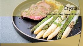  Presentation with white and green - Audience pleasing theme consisting of traditional white and green asparagus with barbecue dry aged sliced beef fillet and fried potatoes served as closeup on a modern design plate backdrop and a yellow colored foreground