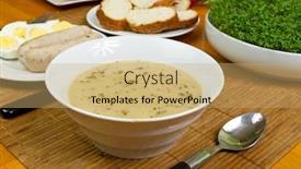  Presentation with sausages - Slides enhanced with traditional white borsch soup with eggs and sausages background and a yellow colored foreground