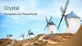  Presentation with old windmill - Theme having traditional windmills and castle background and a cool aqua colored foreground