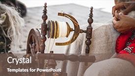 Presentation with spinning wheel - PPT theme featuring traditional women - distaff woman spinning yarn background and a violet colored foreground