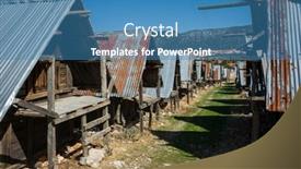  Presentation with traditional - Beautiful PPT layouts featuring traditional-wooden-old-granaries backdrop and a teal colored foreground