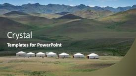  Presentation with traditional - Amazing presentation design having traditional yurts between montains at sunset mongolia backdrop and a dark gray colored foreground