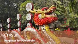  Presentation with chinese dragon - Presentation design having traditionally decorated ladder in the chinese park - a red dragon and bright flowers background and a red colored foreground