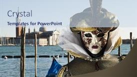  Presentation with performer - Presentation theme having traditionally dressed venice carnival female performer in piazza san marco italy background and a sky blue colored foreground