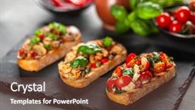  Presentation with italian - Presentation design featuring traditions - traditional italian bruschettas background and a tawny brown colored foreground