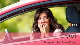  Presentation with traffic accident - Beautiful theme featuring traffic accident - young pretty scared woman backdrop and a coral colored foreground