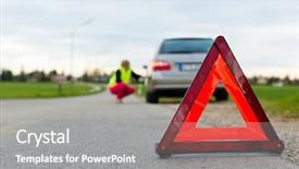  Presentation with street accident - PPT theme enhanced with traffic accident - young woman with warning triangle background and a gray colored foreground