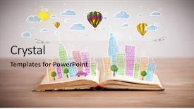  Presentation with open book - Presentation design consisting of traffic cartoon - colorful cityscape drawing on open background and a  colored foreground