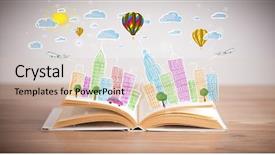  Presentation with open book - Presentation consisting of traffic cartoon - colorful cityscape drawing on open background and a lemonade colored foreground