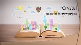  Presentation with open book - Beautiful PPT theme featuring traffic cartoon - colorful cityscape drawing on open backdrop and a  colored foreground