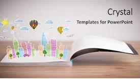  Presentation with open book - Beautiful theme featuring traffic cartoon - colorful cityscape drawing on open backdrop and a  colored foreground