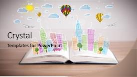  Presentation with open book - Audience pleasing theme consisting of traffic cartoon - colorful cityscape drawing on open backdrop and a soft green colored foreground