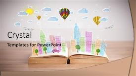  Presentation with book wide open - Amazing slide set having traffic cartoon - colorful cityscape drawing on open backdrop and a lemonade colored foreground