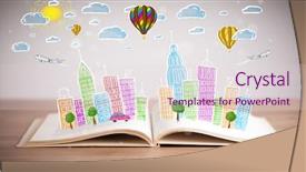  Presentation with open book - Cool new theme with traffic cartoon - colorful cityscape drawing on open backdrop and a  colored foreground