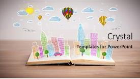  Presentation with book wide open - Slide set featuring traffic cartoon - colorful cityscape drawing on open background and a  colored foreground