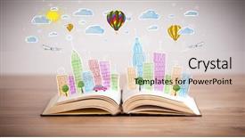  Presentation with open book - Beautiful PPT layouts featuring traffic cartoon - colorful cityscape drawing on open backdrop and a  colored foreground