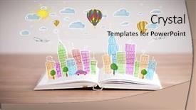  Presentation with book wide open - Presentation theme enhanced with traffic cartoon - colorful cityscape drawing on open background and a soft green colored foreground