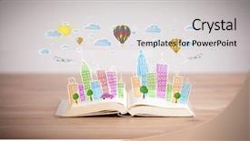  Presentation with open book - Presentation design featuring traffic cartoon - colorful cityscape drawing on open background and a  colored foreground