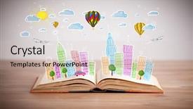  Presentation with open book - Colorful PPT theme enhanced with traffic cartoon - colorful cityscape drawing on open backdrop and a  colored foreground