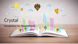  Presentation with open book - Presentation theme featuring traffic cartoon - colorful cityscape drawing on open background and a  colored foreground