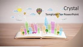  Presentation with story book conceptual open - Presentation with traffic cartoon - colorful cityscape drawing on open background and a  colored foreground