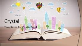  Presentation with open book - Audience pleasing PPT theme consisting of traffic cartoon - colorful cityscape drawing on open backdrop and a  colored foreground