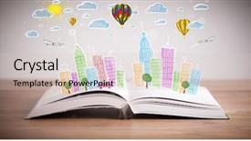  Presentation with open book magic lights - PPT layouts having traffic cartoon - colorful cityscape drawing on open background and a  colored foreground