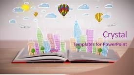 Presentation with book wide open - Slides featuring traffic cartoon - colorful cityscape drawing on open background and a  colored foreground