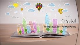  Presentation with open book - Colorful PPT theme enhanced with traffic cartoon - colorful cityscape drawing on open backdrop and a  colored foreground