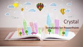  Presentation with open book - Beautiful presentation theme featuring traffic cartoon - colorful cityscape drawing on open backdrop and a lemonade colored foreground