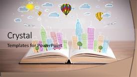  Presentation with open book - Beautiful slide deck featuring traffic cartoon - colorful cityscape drawing on open backdrop and a soft green colored foreground