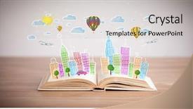  Presentation with open book - Beautiful PPT theme featuring traffic cartoon - colorful cityscape drawing on open backdrop and a soft green colored foreground