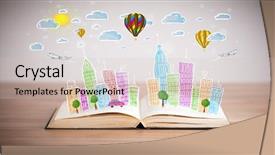  Presentation with open book magic lights - Theme with traffic cartoon - colorful cityscape drawing on open background and a soft green colored foreground