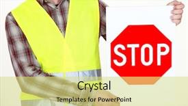  Presentation with stop - Colorful presentation theme enhanced with traffic control center - highway worker with stop sign backdrop and a yellow colored foreground