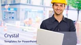  Presentation with traffic engineering - Amazing theme having traffic engineering - happy architect holding laptop outdoors backdrop and a sky blue colored foreground