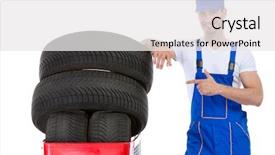  Presentation with tires - Colorful slides enhanced with traffic rool - cheerful mechanic pointing in new backdrop and a white colored foreground