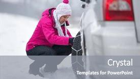  Presentation with chain - PPT theme having traffic rool - woman installing snow chain background and a gray colored foreground