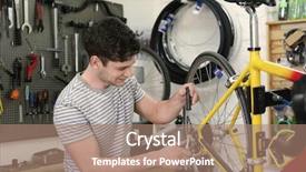  Presentation with repair shop - Amazing PPT theme having traffic rool - young man working in bicycle backdrop and a  colored foreground