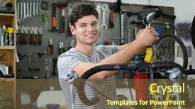  Presentation with repair shop - Cool new PPT layouts with traffic rool - young man working in bicycle backdrop and a  colored foreground