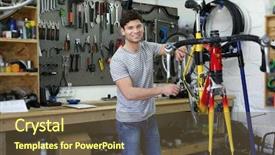  Presentation with repair shop - Slide deck with traffic rool - young man working in bicycle background and a tawny brown colored foreground