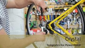  Presentation with repair shop - Cool new presentation theme with traffic rool - young man working in bicycle backdrop and a yellow colored foreground