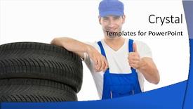  Presentation with tyre - PPT theme consisting of traffic rool - young mechanic with tyre showing background and a white colored foreground