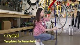  Presentation with repair shop - Colorful PPT theme enhanced with traffic rool - young woman working in bicycle backdrop and a  colored foreground