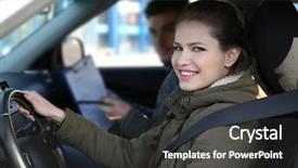  Presentation with driving - PPT theme with young woman passing driving license background and a dark gray colored foreground